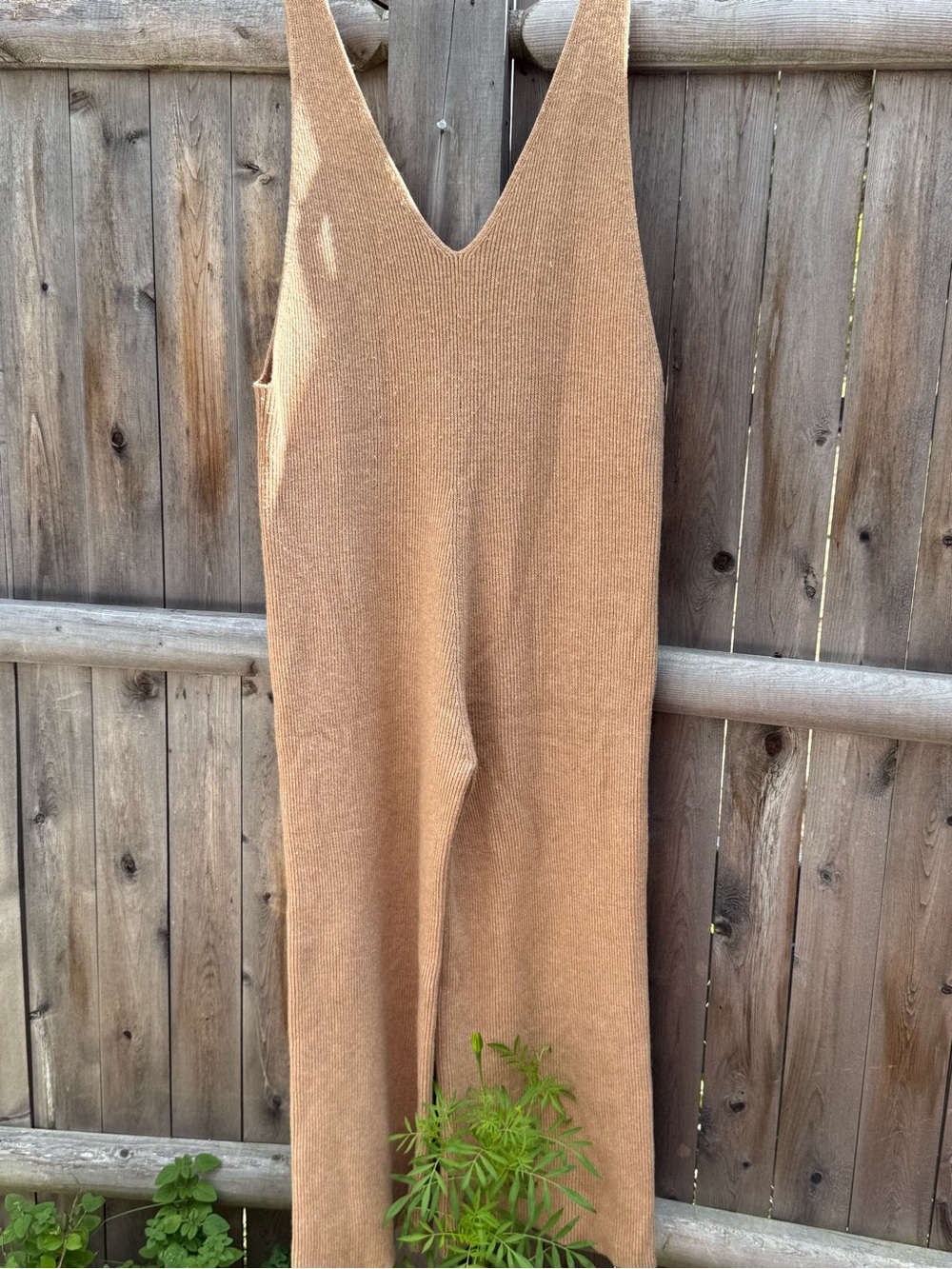 Free People Camel Knit V-Neck Sleeveless Jumpsuit